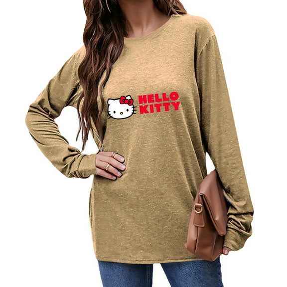 Hello Kitty Long Sleeve Shirts for Women Casual Crew Neck Basic Fall Tops Loose Fit Comfy Khaki