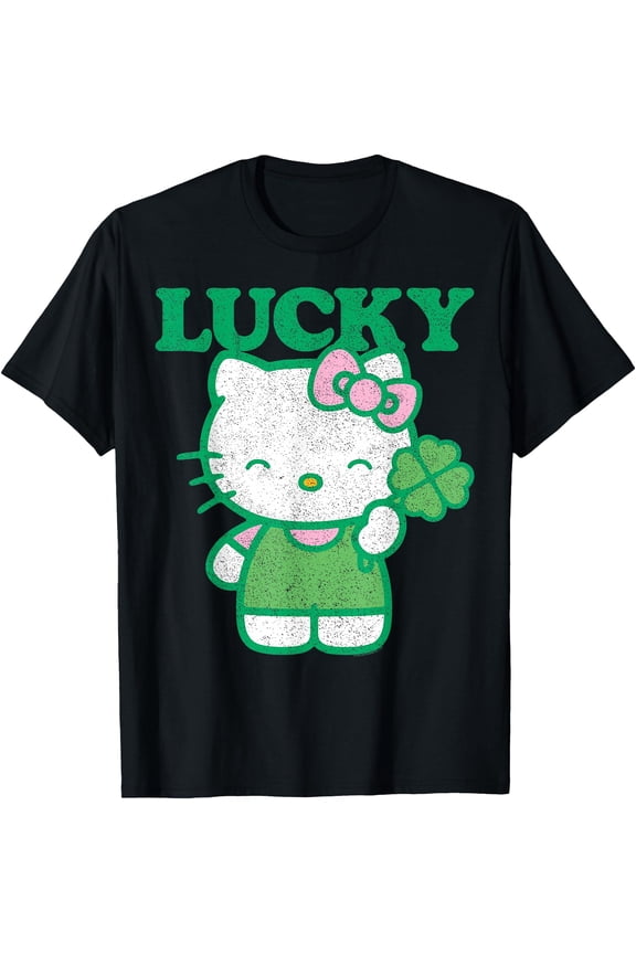 Hello Kitty Lucky Clover Cute DTG Print Unisex T-Shirt,Black Color,Size XL