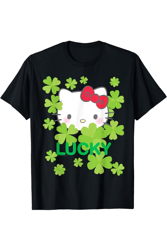 Hello Kitty Lucky Clover St. Patrick's Day DTG Print Unisex T-Shirt,Black Color,Size 2XL