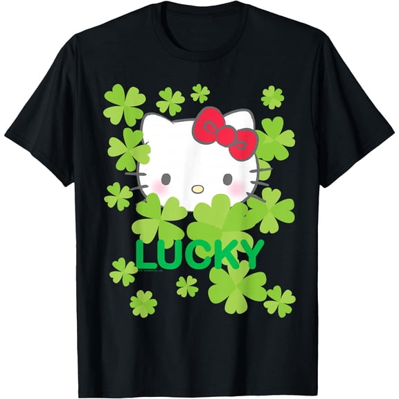 Hello Kitty Lucky Clover St. Patrick's Day DTG Print Unisex T-Shirt,Black Color,Size L