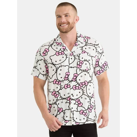 Hello Kitty Men's and Big Men's Print Button-Up Shirt with Short Sleeves, Sizes XS-3XL