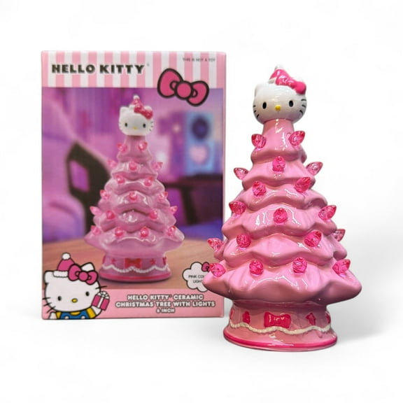 Hello Kitty Mini Ceramic Christmas Tree with Pink Lights  6" Tall Holiday Decoration