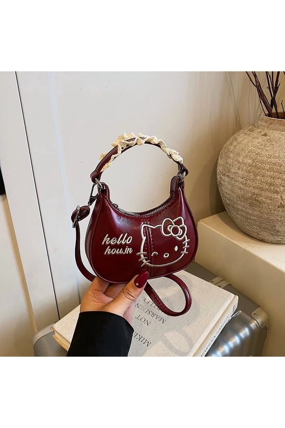 Hello Kitty Mini Crossbody Bag,Cute Embroidered Shoulder Bag with Lace Handle,Detachable Strap,Kawaii Handbag for Daily Use and Gift