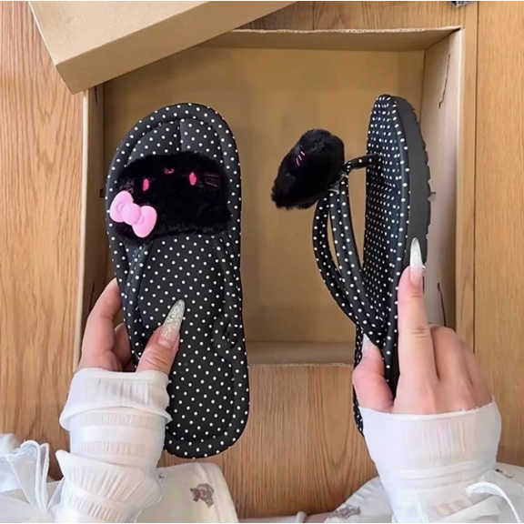 Cartoon plush decorative flip-flops, retro polka dot non-slip soft-soled sandals, multiple colors available.