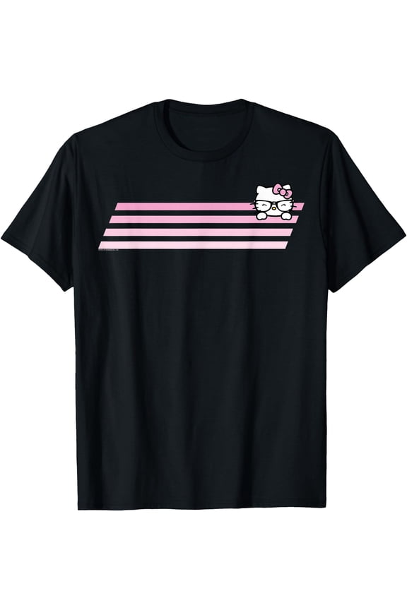 Hello Kitty Nerd Glasses Retro Stripe DTG Print Unisex T-Shirt,Black Color,Size L