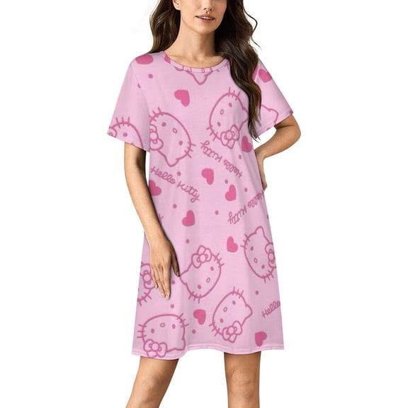 Hello Kitty Nightgowns for Women Short Sleeve Night Gown Soft Sleep Shirts Women's Sleepwear Print Sleep Dress