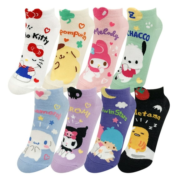 Hello Kitty Official Licensed Women's Ankle, Cute Character Design, 8 pack Set Collection