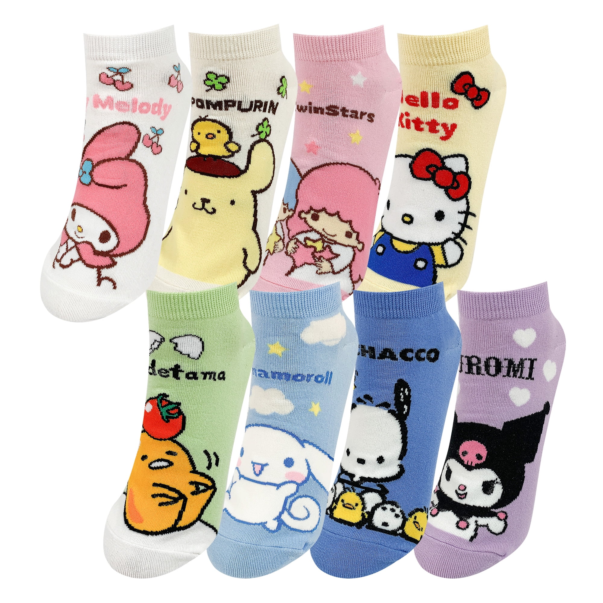 Hello Kitty Official Licensed Women's Ankle,  Cute Character Design, 8 pack Set Collection