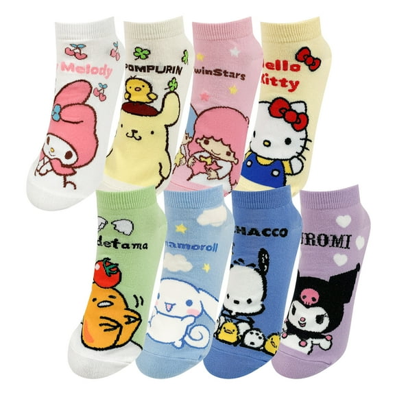 Hello Kitty Official Licensed Women's Ankle, Cute Character Design, 8 pack Set Collection