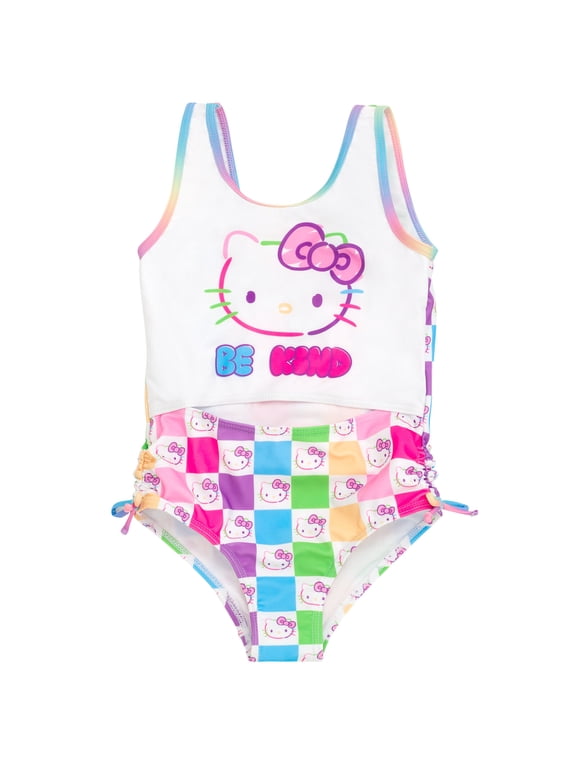 One-Piece Bathing Suit, Size 7, Checkered Rainbow (Girl's)