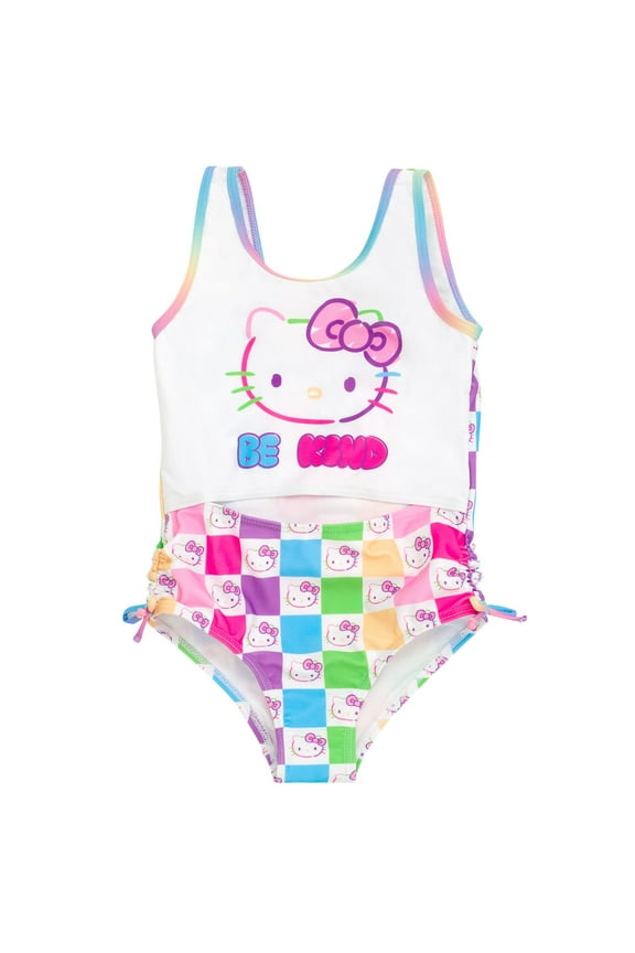 One-Piece Bathing Suit, Size 7, Checkered Rainbow (Girl's)
