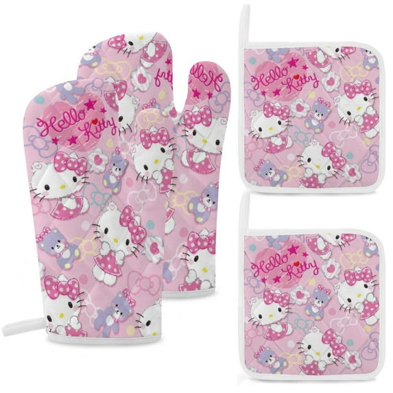 Hello Kitty Oven Mitts And Pot Holders Set 4 Pcs, Heat Resistant Oven Mitt Set with Potholders, Hot Pads And Oven Mitts Sets Oven Glove for Kitchen, Baking, Cooking, Grilling