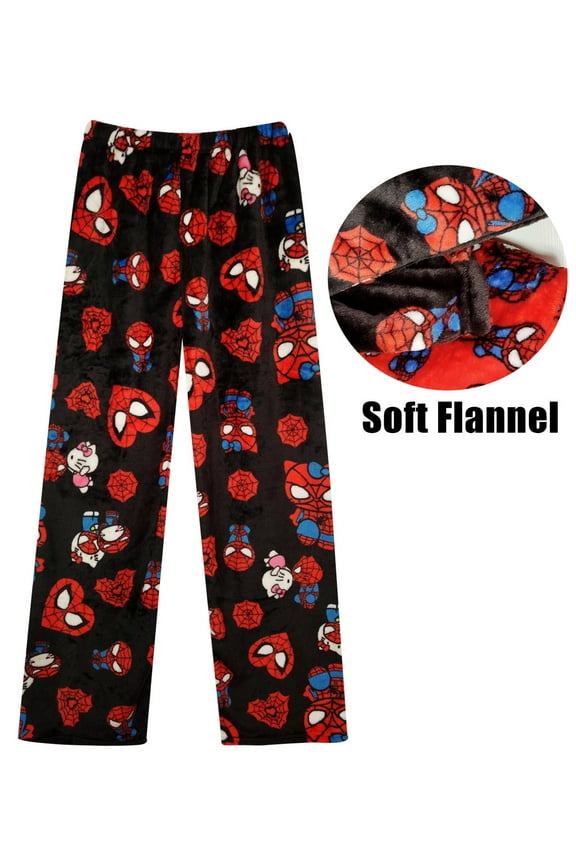 Hello Kitty Pajama Pants for Women, Cartoon Plush Pjs Pants,Cute Kawaii Anime Pajama Bottom, Family Halloween Christmas Pajamas Matching,Black,M