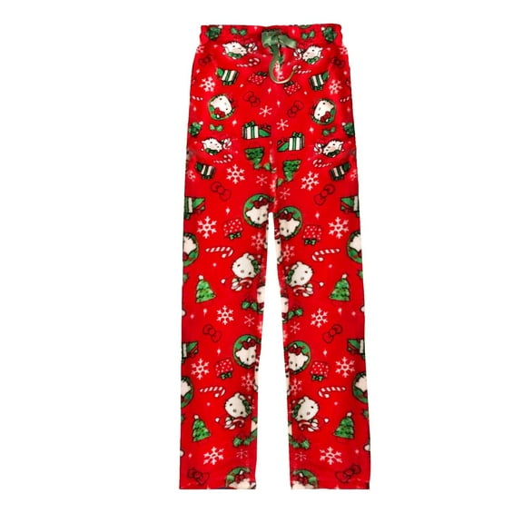 Hello Kitty Pajamas Pants for Womens, Anime Cat All Over Print Flannel Sleep Bottoms Cute Christmas Home Pants Winter Cartoon Trousers Gift