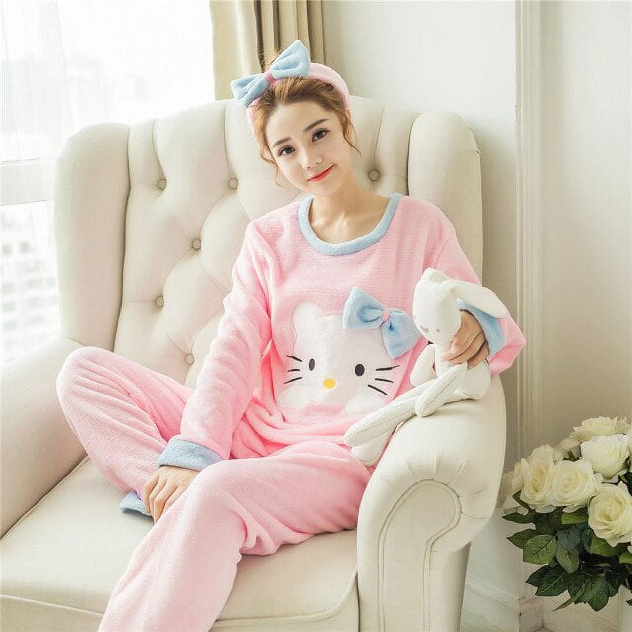 Hello Kitty Pajamas Women Warm Flannel Pajama Set Thick Long Sleeve