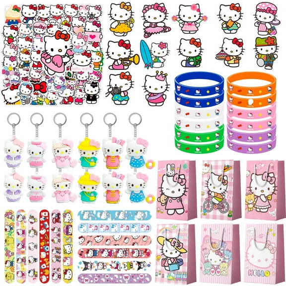 Hello Kitty Party Favors, 110 pcs All-in-One Hello Kitty Birthday Party Favors Set, Including Hello Kitty Party Favor Bags, Stickers, Bracelets Other Hello Kitty Party Favors for Party Supplies