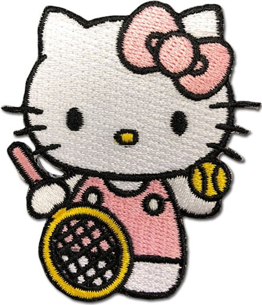 SANRIO CUTE HELLO KITTY PINK DRESS SITTING WITH BLACK RIBBON- Iron on  Patches/Sew On/Applique/Embroidered