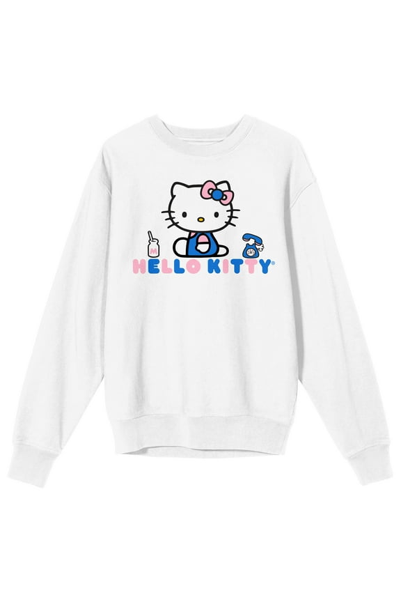 Hello Kitty Phone Graphic Crew Neck Long Sleeve White Fleece Women's Tee-Large