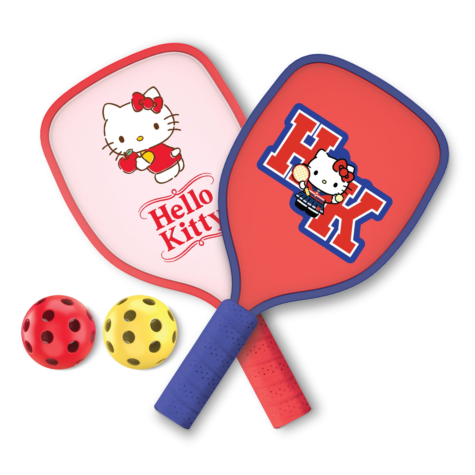 Hello Kitty Pickleball Paddle Set, 2 Wooden Paddles with Comfort Grip Handles and 2 Pickleball Balls, Cute Pink & Blue Character Design for Recreational Play