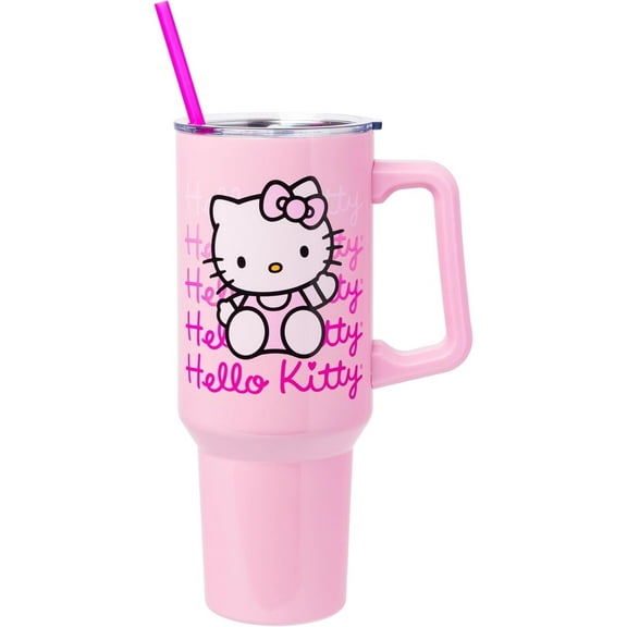 Silver Buffalo Sanrio Hello Kitty Waving Stainless Steel Tumbler with Handle and Straw, Fits in Standard Cup Holder, 40 Ounces