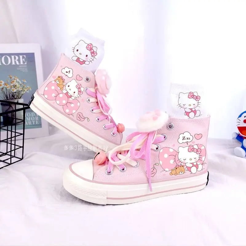 Hello Kitty Pink High Top Canvas Shoes Women Sanrio Cartoon Graffiti ...