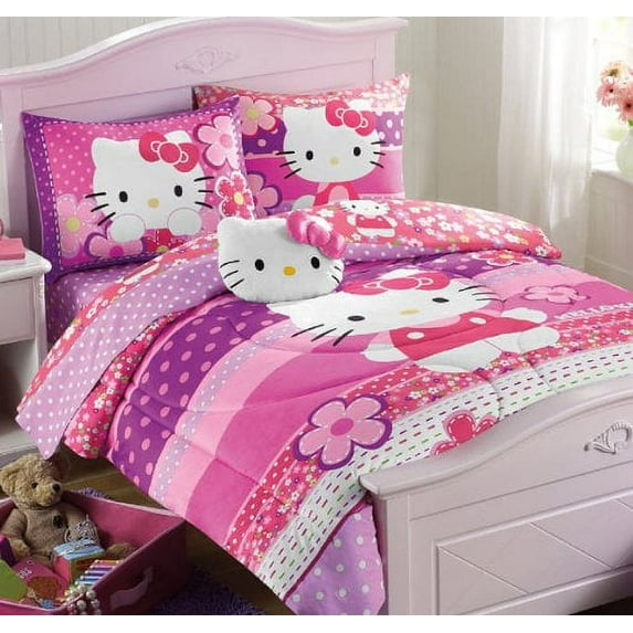 Hello Kitty Pink & Purple Dots Full Comforter & Sheet Set (5 Piece Bed In A Bag)