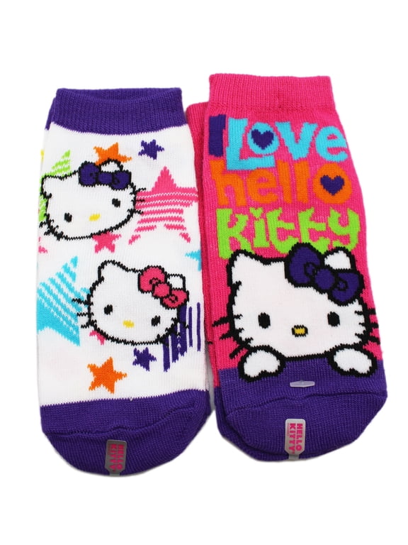 Hello Kitty Pink Socks and Purple/White Star Kids Socks (2 Pairs, Size 6-8.5)