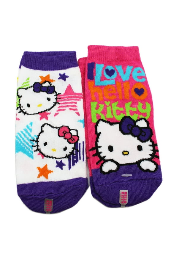 Hello Kitty Pink Socks and Purple/White Star Kids Socks (2 Pairs, Size 6-8.5)