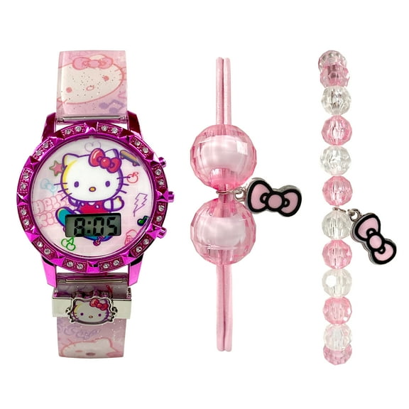 Hello Kitty Female Child Pink and Purple 3pc LCD Watch and Bracelet Set, HK40069WM