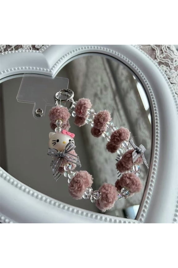 Hello Kitty Plush Bow Phone Charm Keychain Chain Women Cell Phone Case Fashion Bag Pendant Key Bracelet For iPhone