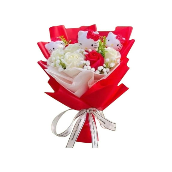 Hello Kitty Plush Dolls Rose Soap Flowers Bouquet | 15-inch Stuffed Doll Bouquet | 2025 NEW Kawaii Cat Plush Dolls | Gift for Mom Wife Girlfriend Valentine's Day, Wedding, Anniversary | Red