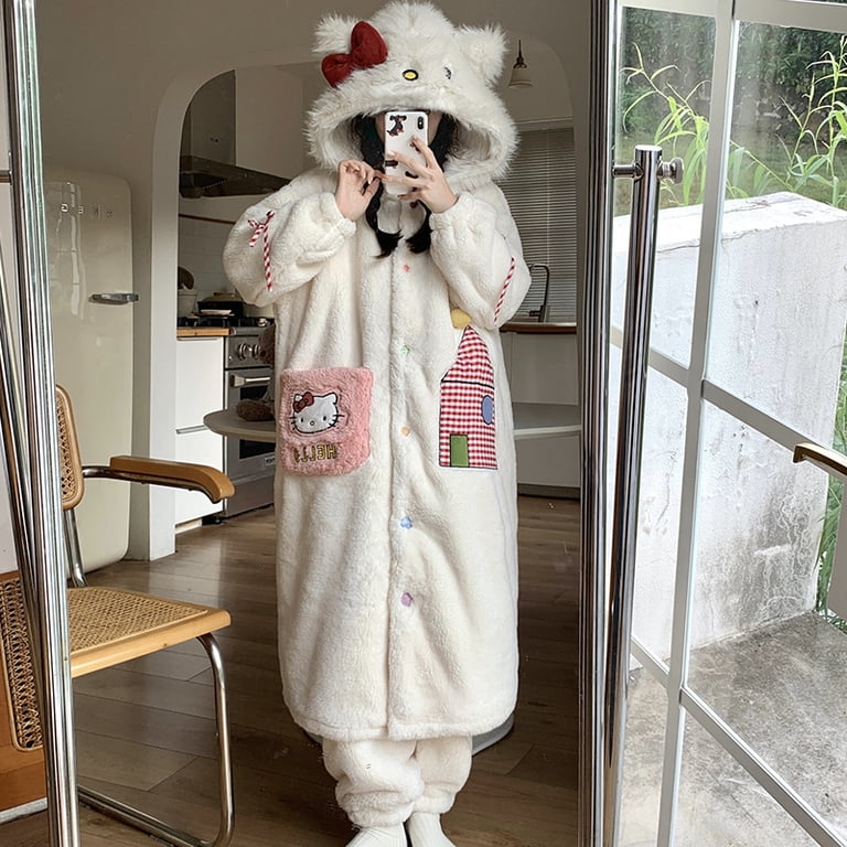 Hello Kitty Plush Sleep Robe and Pajama Pants Set for Women,Cozy Adorable  Loungewear