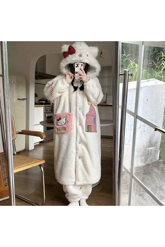 Hello Kitty Plush Sleep Robe and Pajama Pants Set for Women,Cozy Adorable Loungewear