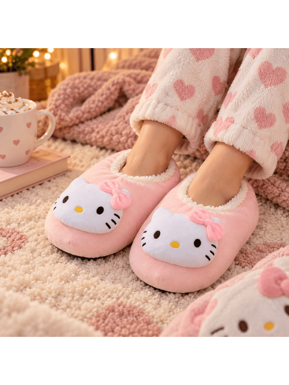 Hello Kitty Plush Slipper Socks, Pastel Pink, S/M, Shoe Size 6-7.5