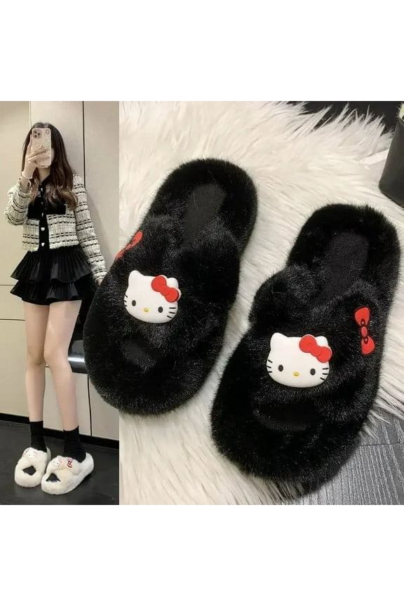 Hello Kitty Plush Slippers Women's Sanrio Anime Kawaii Winter Outerwear Warm Autumn Home Shoes Furry Slippers Christmas Gift