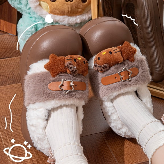 Hello Kitty Plush Slippers for Women Cute Cat Furry Slippers Cozy Plush Indoor Shoes Warm Winter House Slides