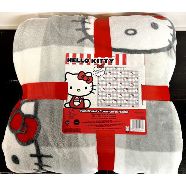 Hello Kitty Plush Throw Blanket Grey With Red Bow FULL/QUEEN 90x90