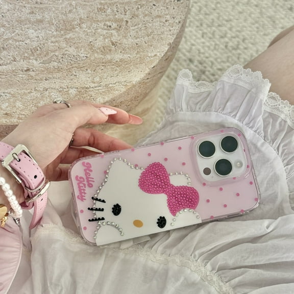 Hello Kitty Polka Dot Phone Case For iPhone 16 12 13 14 15Pro Max Transparent Bumper Cover With Pendant