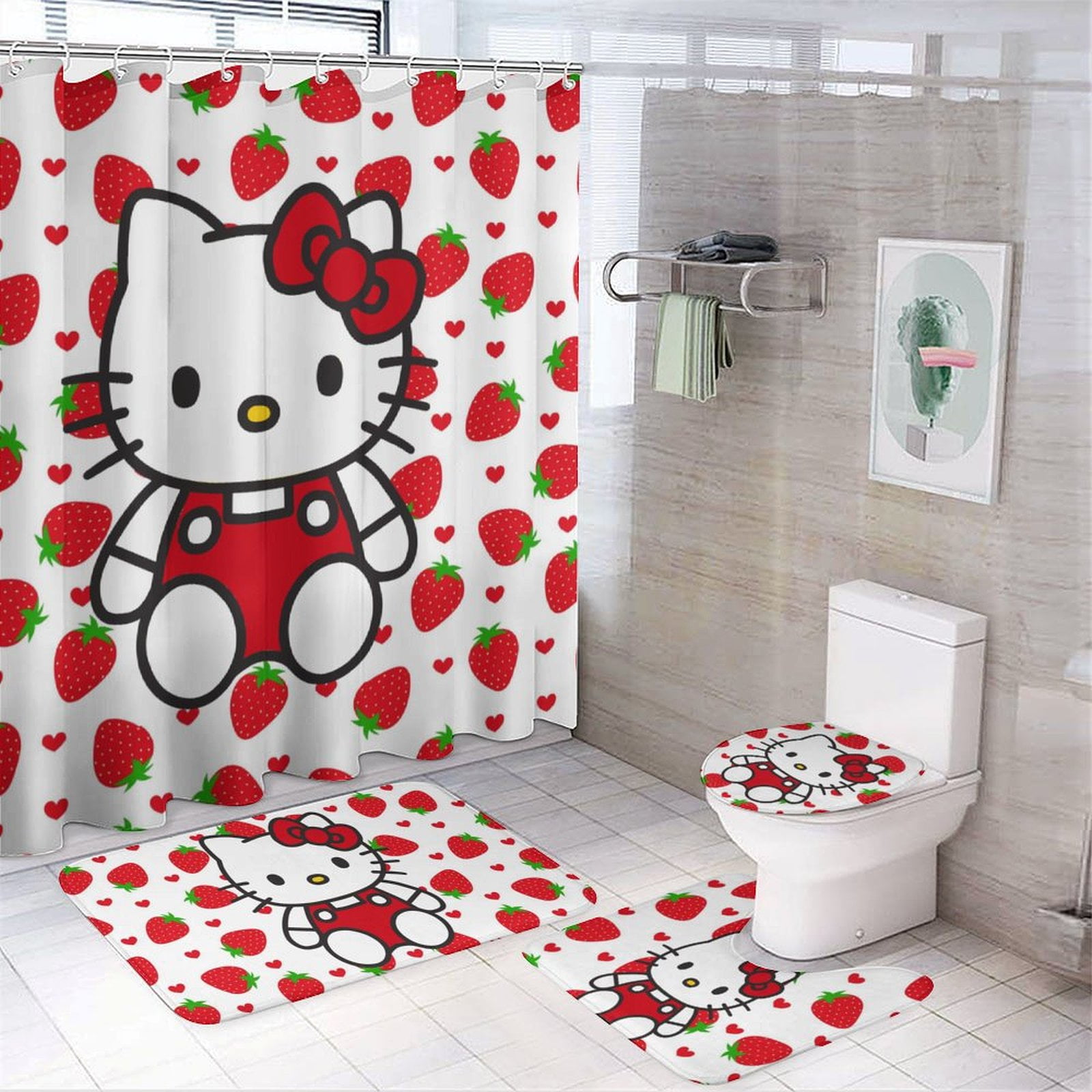Hello Kitty Polyester Shower Curtain Set, 72" x 72" Waterproof Bathroom ...