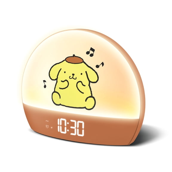 Hello Kitty Pompompurin Sunrise Alarm Clock, USB Powered Digital Bedside Clock with Night Light, 6 Color Modes, RGB Light, Time Date Temperature Display, Brown