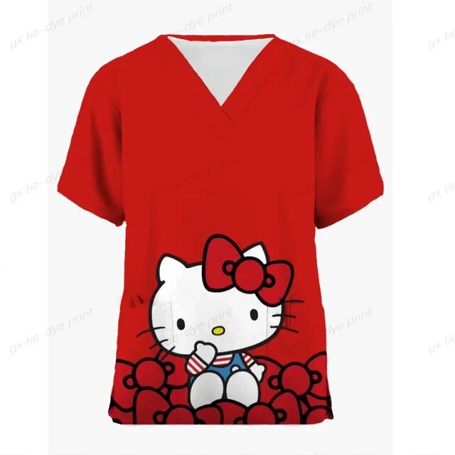 Hello Kitty Print Nurse Uniforms Scrub Tops Women Casual Working Nurse