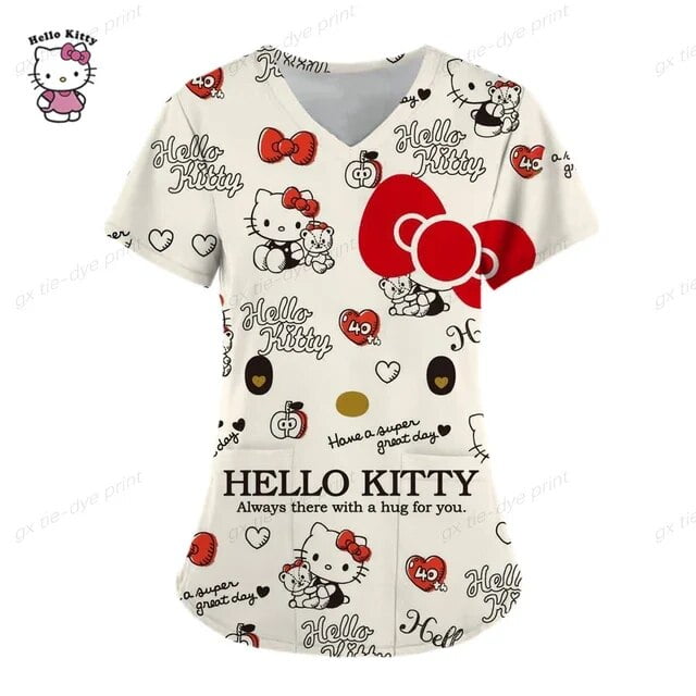 Hello Kitty Print Nurses Uniforms Women Short Sleeve V Neck Working