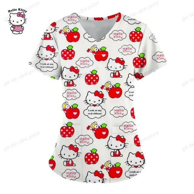 Hello Kitty Print Nurses Uniforms Women Short Sleeve V Neck Working