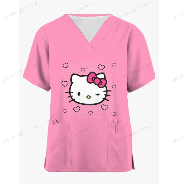 Hello Kitty Print Scrubs Top Women with Pockets VNeck Scrub Uniforms Pet Grooming Nurse Spa