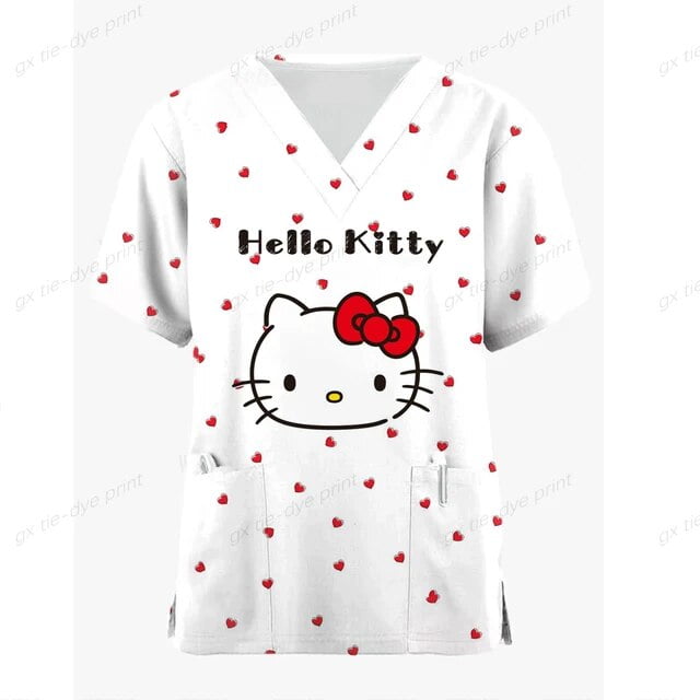 Hello Kitty Print Scrubs Top Women with Pockets VNeck Scrub Uniforms Pet Grooming Nurse Spa