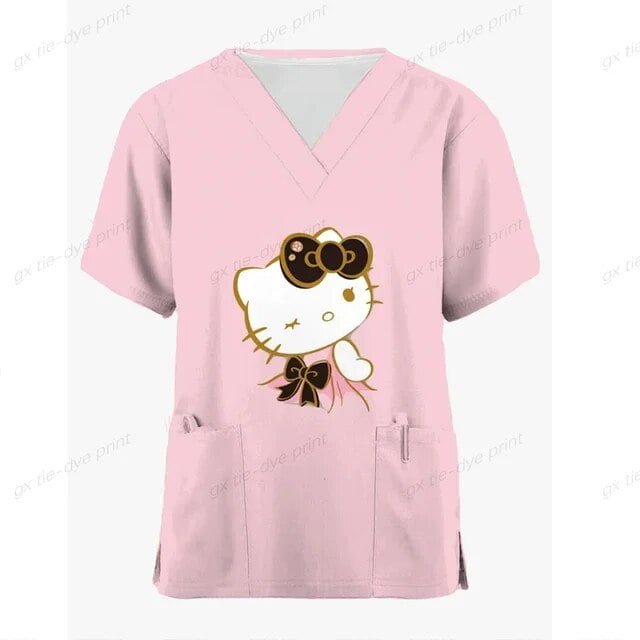 Hello Kitty Print Surgical Uniforms Pharmacy Hospital Nurse Scrubs Tops ...
