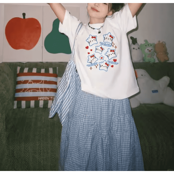 Hello Kitty Print T-Shirts Loose Casual Short Sleeve Round Neck Tees Women Men Couple Clothing