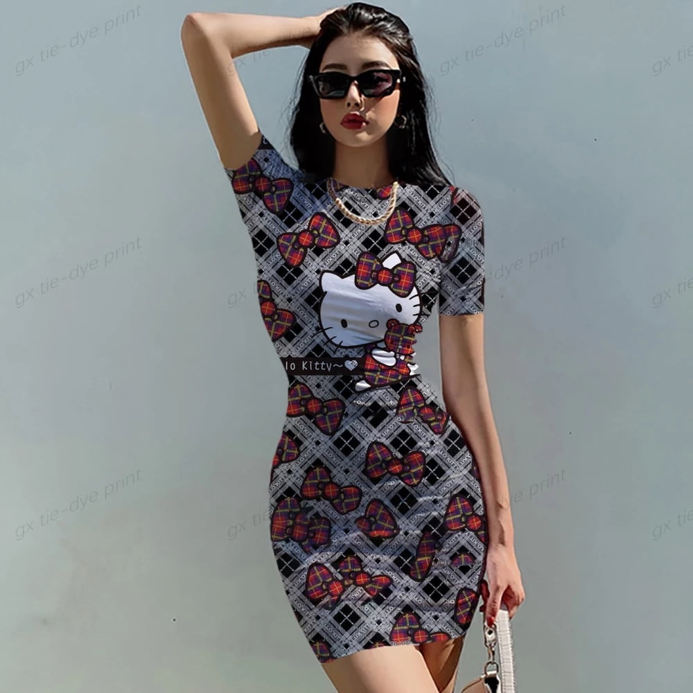 Hello Kitty Print Woman Dresses Elegant Dress Office Tight Slim Lady O ...