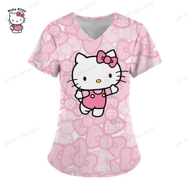 Hello Kitty Print surgical uniforms pharmacy hospital nurse scrubs tops ...