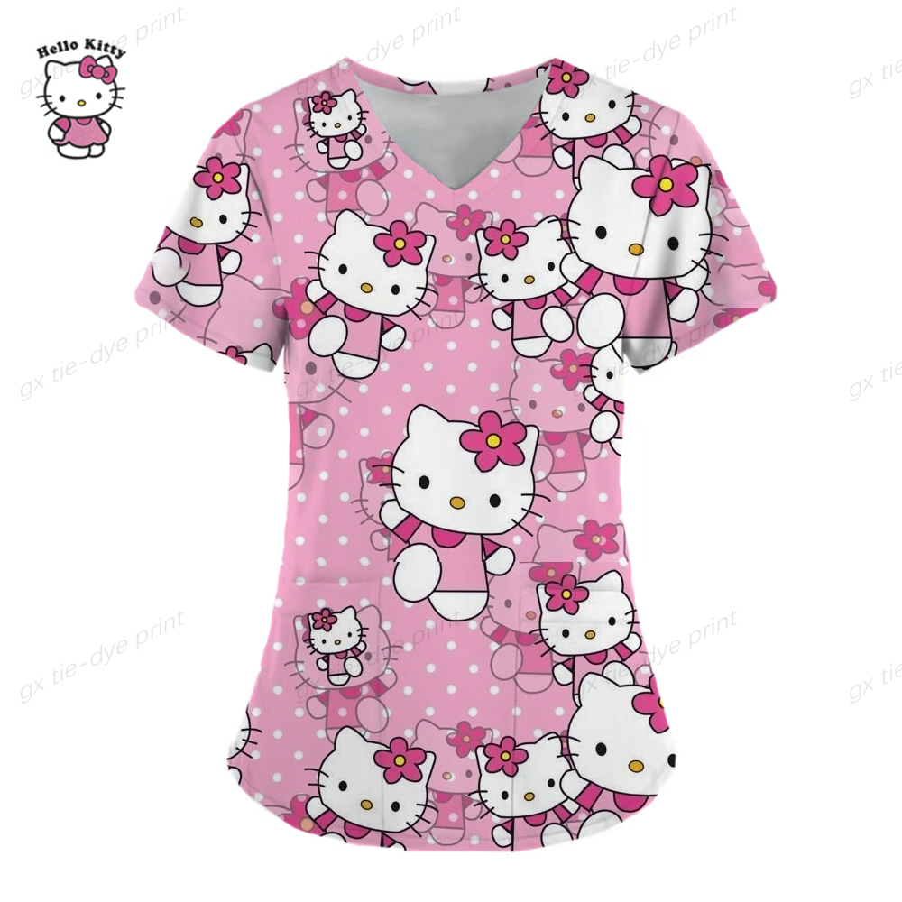 Hello Kitty Print surgical uniforms pharmacy hospital nurse scrubs tops ...